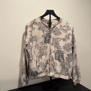 Elegant Floral Women's Bomber Jacket - Cream and Black